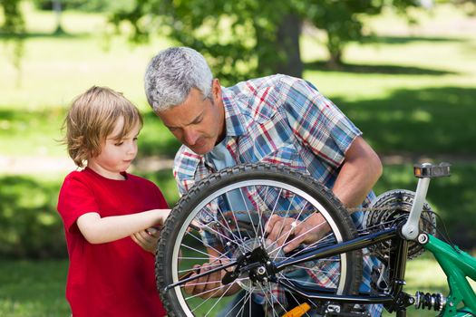 Father and his son fixing a bike 