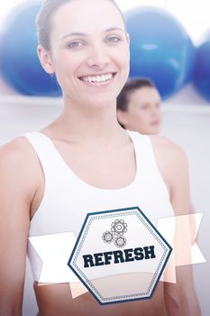 The word refresh and closeup of fit woman at fitness studio against hexagon