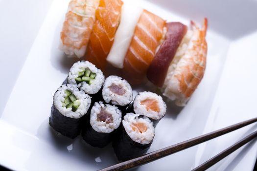 Japanese mix sushi, oriental cuisine colorful theme