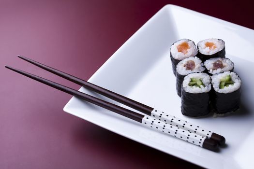 Collection of sushi, oriental cuisine colorful theme