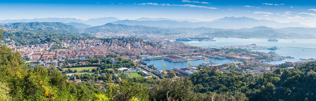 Panoramic view of La Spezia. Gulf and city port on a beautiful s