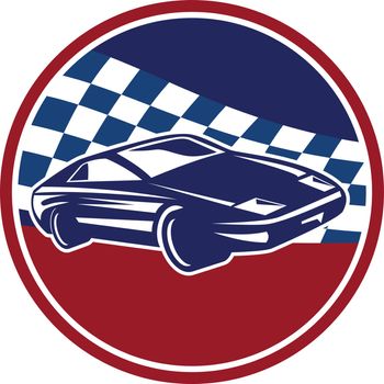 Sports Car Racing Chequered Flag Circle Retro