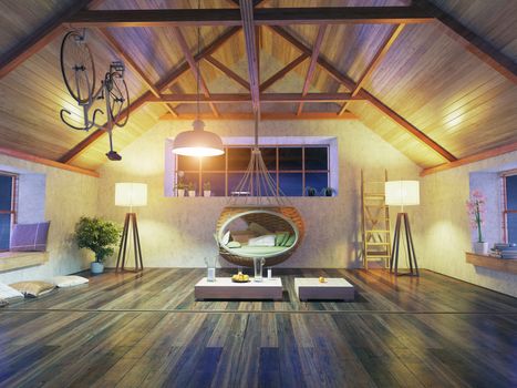 beautiful modern attic interior with hanging sofa. 3d design concept.