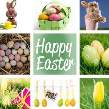 Composite image of speckled colourful easter eggs in a green wicker basket