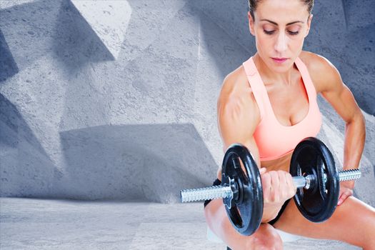 Composite image of strong woman doing bicep curl with large dumbbell