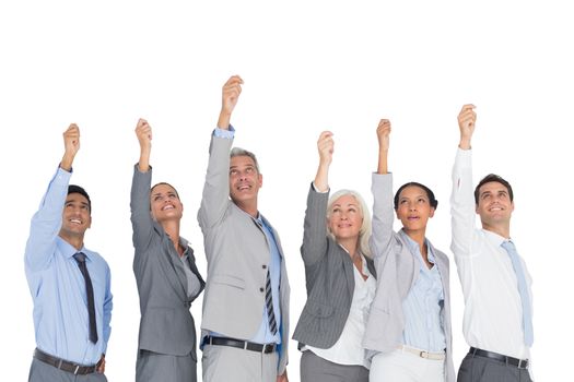 Business people raising their arms 