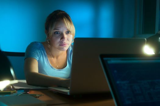 Woman Reading Scary Message On Social Network Late Night