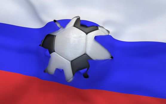 The hole in the flag of Russia and soccer ball