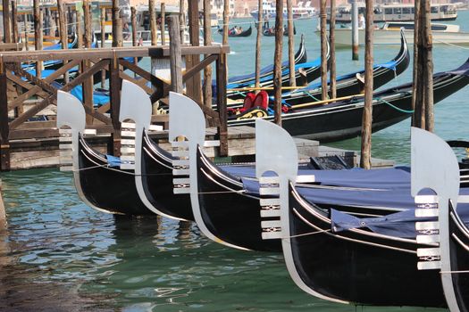 Gondolas lined up in Venice