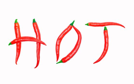 red pepper isolated over white background forming the word hot