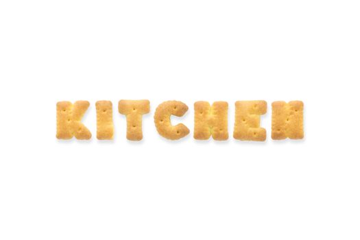 Collage of text word KITCHEN. Alphabet biscuit cracker isolated on white background