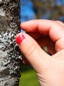 Little girl with cracked pink nail paint touching lichen