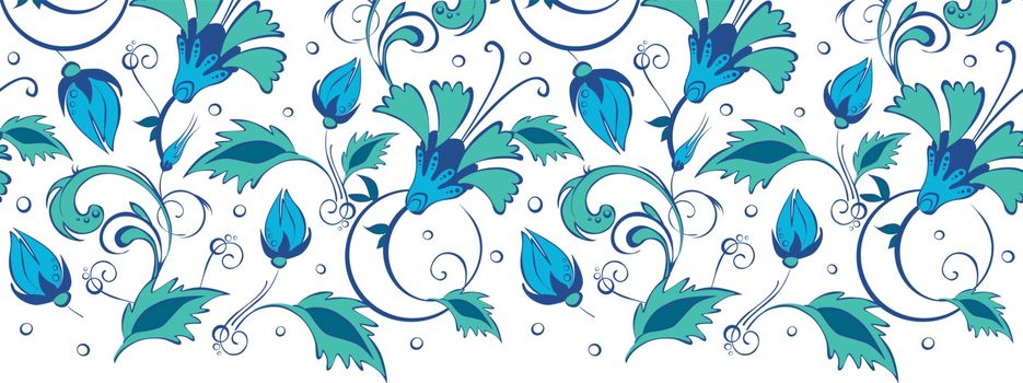 Vector blue green swirly flowers horizontal border seamless patt