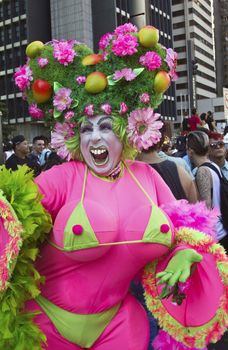 SAO PAULO, BRAZIL - June 7, 2015: An unidentified Drag Queen dressed in traditional costume celebrating lesbian, gay, bisexual, and transgender culture in the 19º Pride Parade Sao Paulo.