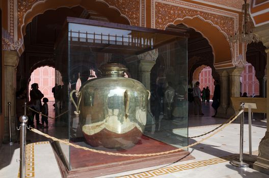 Jaipur, India - December 29, 2014: Gangajelies huge sterling silver vessels in Diwan-I-Khas City palace of Jaipur.