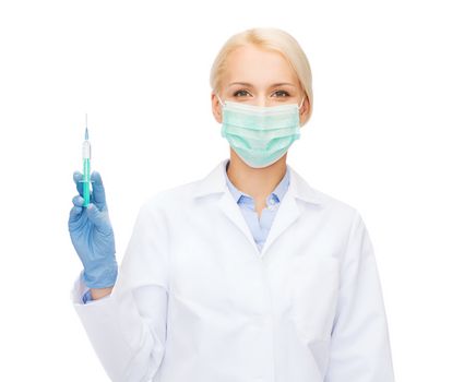 doctor in mask holding syringe with injection
