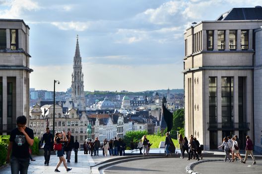 Brussels, Belgium - May 13, 2015: Tourist visit Kunstberg or Mont des Arts (Mount of the arts) gardens in Brussels