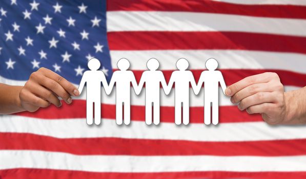 hands holding people pictogram over american flag