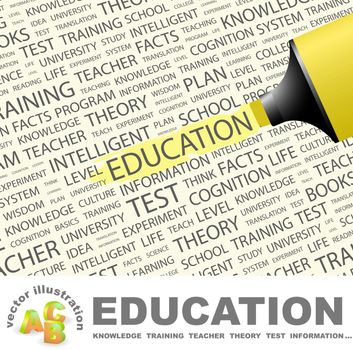 EDUCATION. Concept illustration. Graphic tag collection. Wordcloud collage.