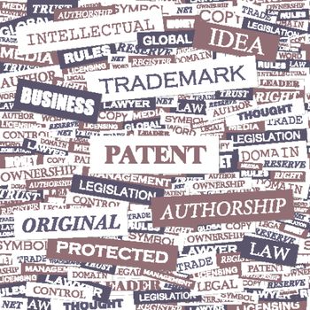 PATENT. Concept illustration. Graphic tag collection. Wordcloud collage.