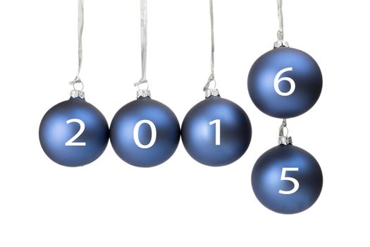 Five blue christmas baubles symbolizing old and new year