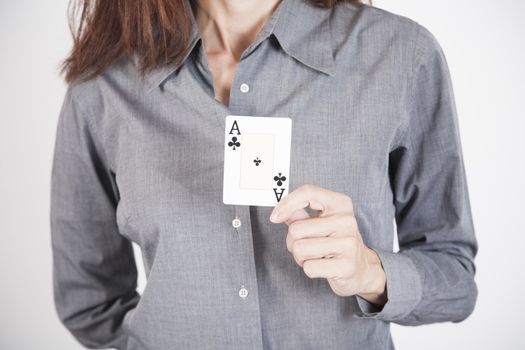 grey shirt woman with ace card