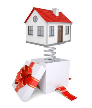 Gift box with red band and house