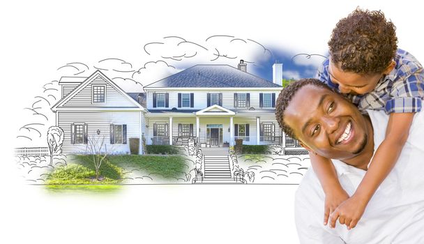 Mixed Race Father and Son Over House Drawing and Photo Combination on White.