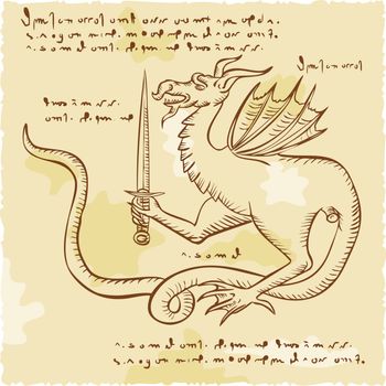Dragon Holding Sword Etching
