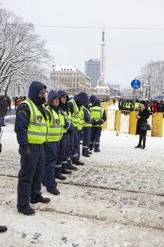 Police cordon near Freedom monument in Riga
