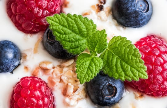 Yogurt with Fresh Berries, Oatmeal and Melissa