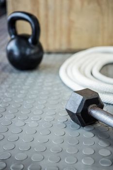 Close up view of excercise equipment on the floor