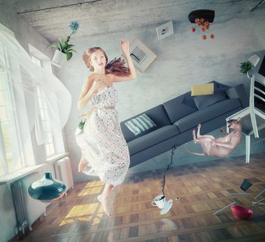 young beautiful lady fly in zero gravity room. creative concept