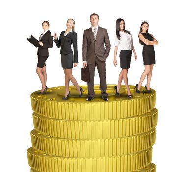 Group of business people standing on coins stack