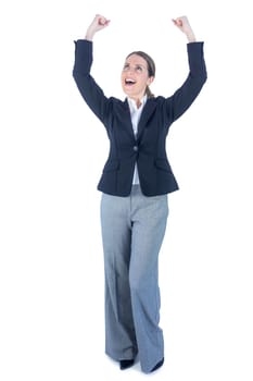 Businesswoman cheering with arms up