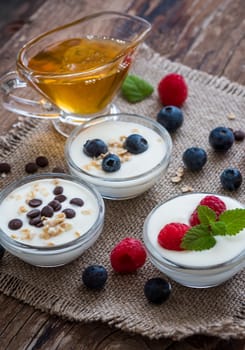 Yogurt with Fruits or Chocolate in Little Bowls