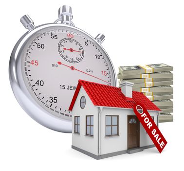 Timer with house for sale and stack of money
