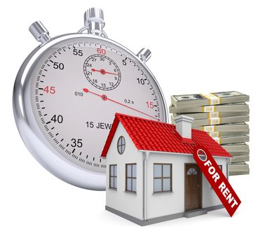 Timer with house for rent and stack of money