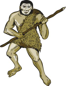 Neanderthal Man Holding Spear Etching