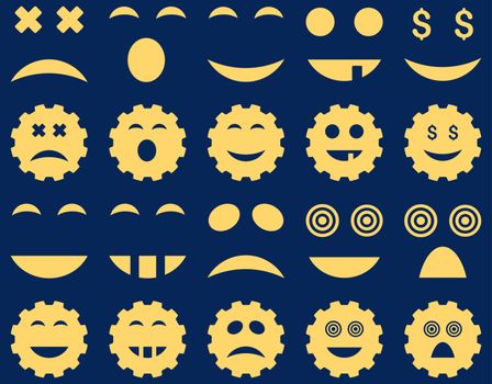 Tool, gear, smile, emotion icons. Vector set style is flat images, yellow symbols, isolated on a blue background.