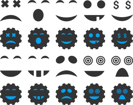 Tool, gear, smile, emotion icons. Vector set style is bicolor flat images, blue and gray symbols, isolated on a white background.