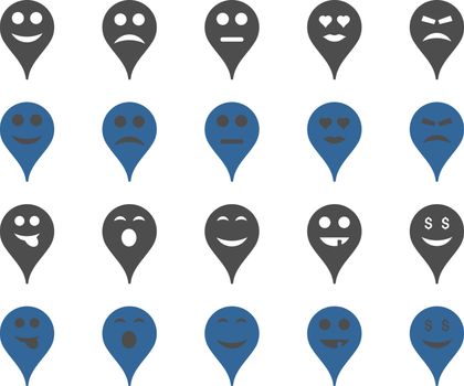 Emotion map marker icons. Vector set style is bicolor flat images, cobalt and gray symbols, isolated on a white background.