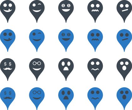 Emotion map marker icons. Vector set style is bicolor flat images, smooth blue symbols, isolated on a white background.