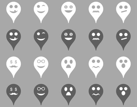 Emotion map marker icons. Glyph set style is bicolor flat images, dark gray and white symbols, isolated on a silver background.
