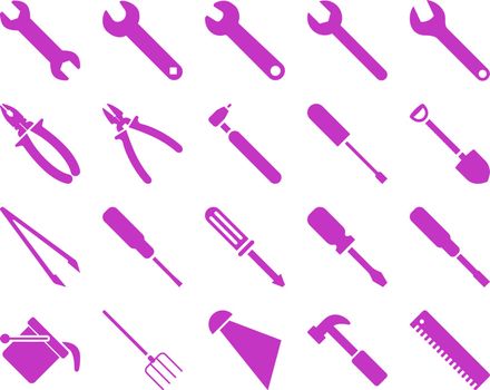 Equipment and Tools Icons. Vector set style is flat images, violet color, isolated on a white background.