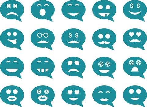 Chat emotion smile icons. Vector set style is flat images, soft blue symbols, isolated on a white background.