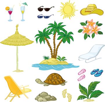 Exotic and Beach Objects Set, Sun, Palm Trees on the Island, Flowers, Leaves, Glasses, Hat, Umbrella, Beach Chair, Turtle, Slippers, Stones, Footprints in the Sand Isolated on White Background. Vector