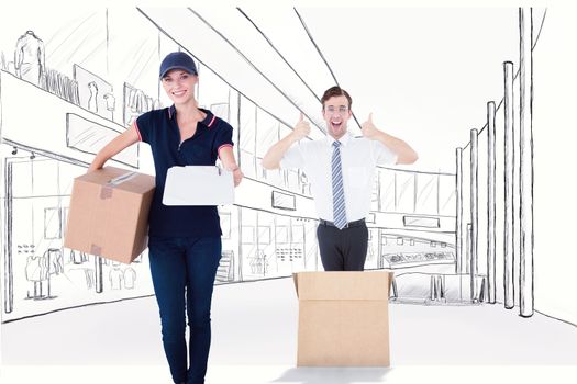 Composite image of happy delivery woman holding cardboard box and clipboard