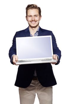 Businessman giving  his laptop 