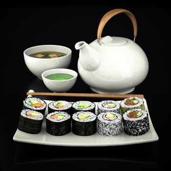 Sushi, green tea and soup on a beautiful black background
